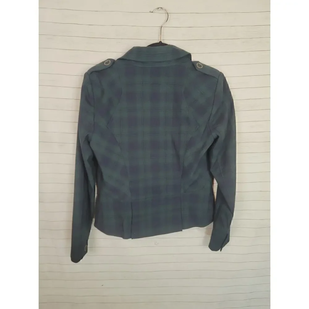 CAbi Tartan Green Plaid Asymmetrical Zip Moto Jacket, sz 4